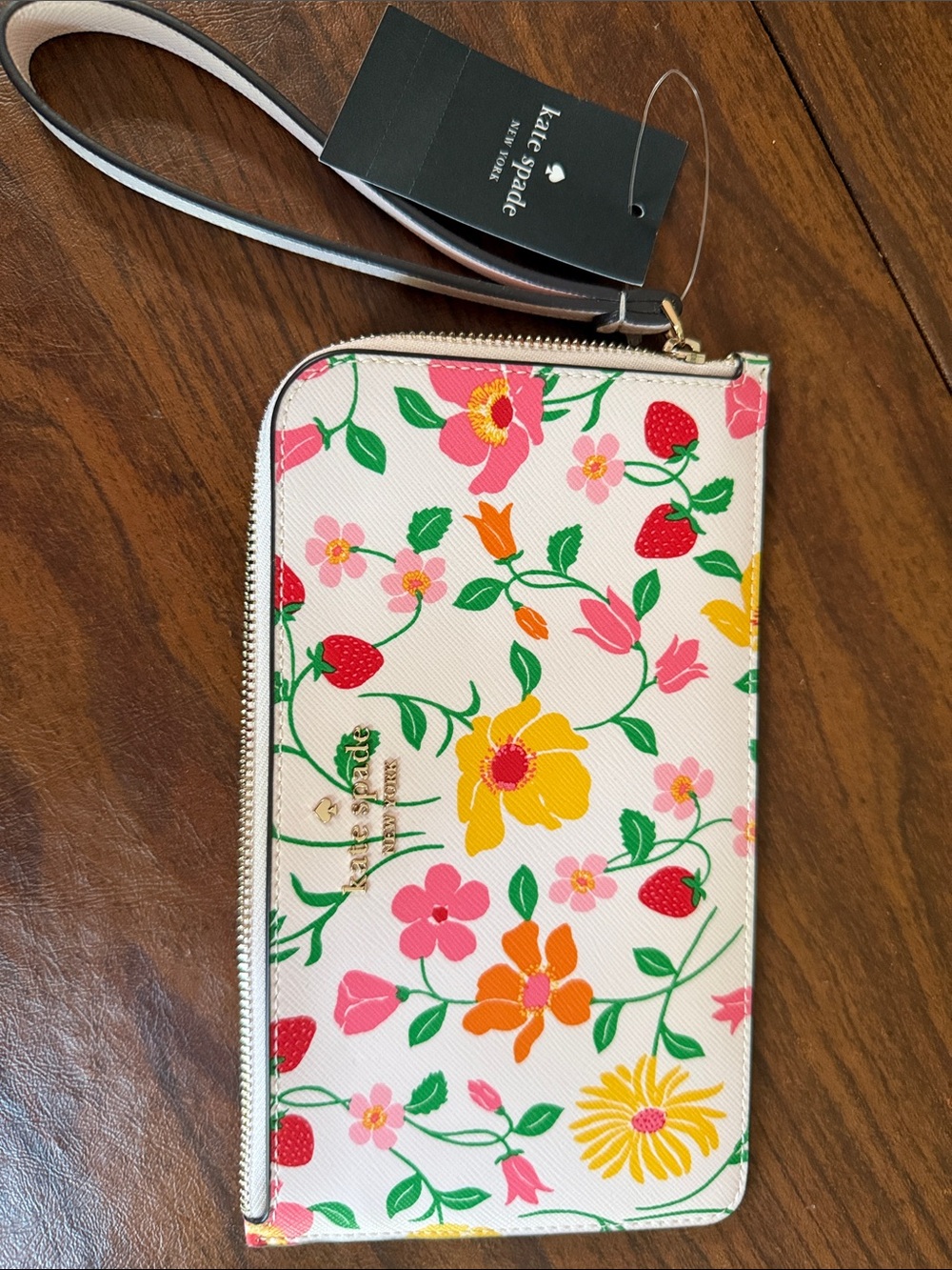 kate spade Floral & Strawberry Zip-Around Wristlet in Pink